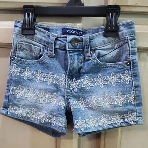 Vigoss Blue Denim Shorts with White Floral Embroidery